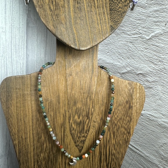 Indian Agate Beaded Necklace with Sterling Silver Crescent Moon Charm - Picture 6 of 9
